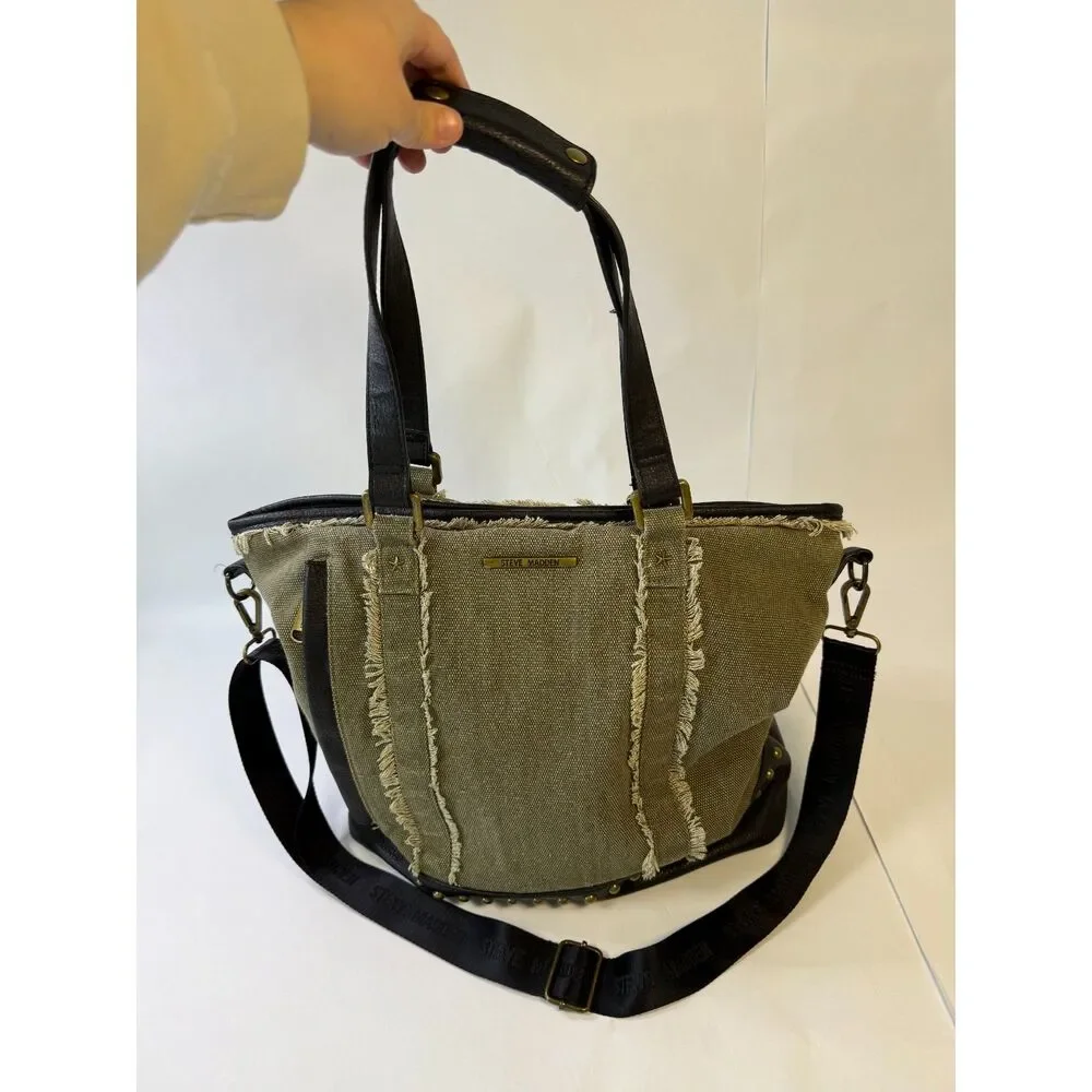Steve Madden Bgraddy Olive Green Canvas Slouchy Utility Hobo Bag